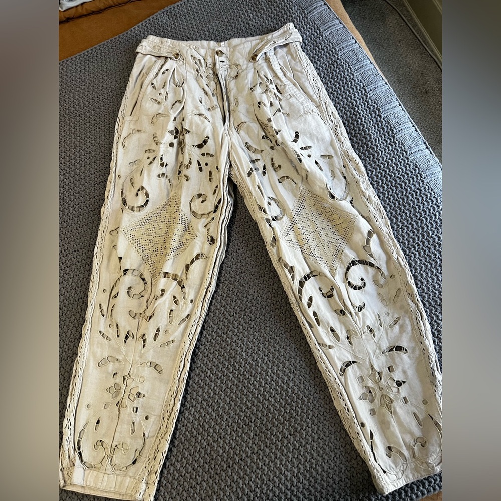 Free People Cream Embroidered Pants